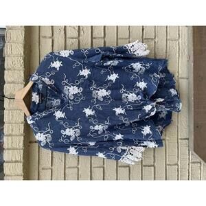 Bua Bua Cotton Embroidered Blouse L Large Crochet Lace Sleeves Tie Front